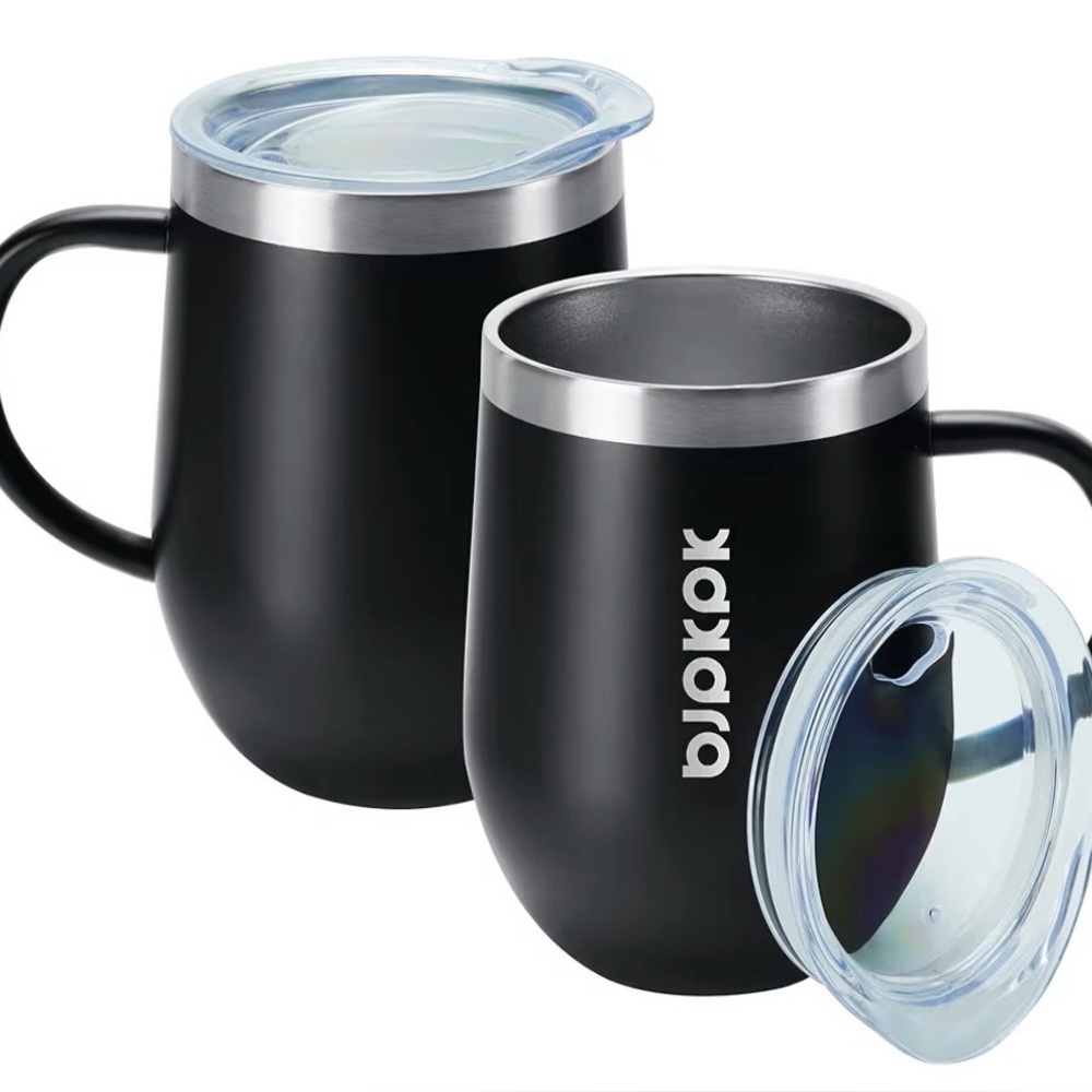 Black Insulated Mugs with Lids. 2 brand new cups in box